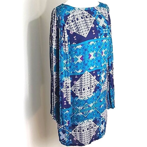 love FIRE Teal, Navy Blue & White Boho Dress, Wide Pleated Longsleeves, Sz Small - Picture 8 of 11